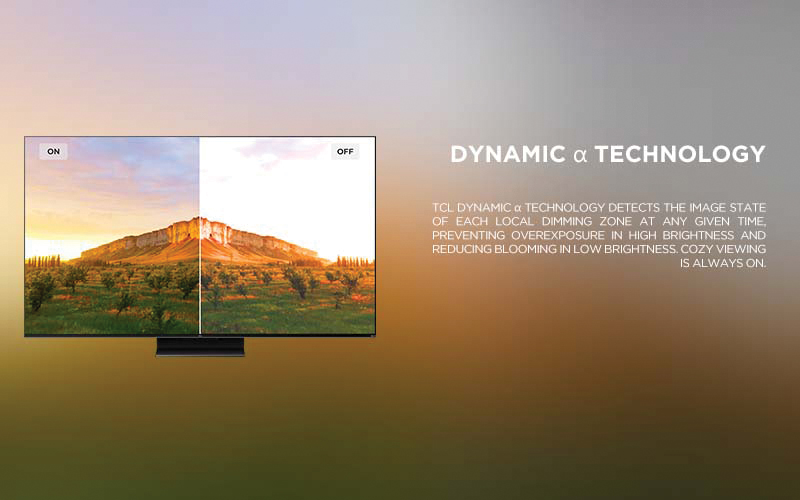 Dynamic α Technology - TCL Dynamic α Technology detects the image state of each local dimming zone at any given time, preventing overexposure in high brightness and reducing blooming in low brightness. Cozy Viewing is always on.